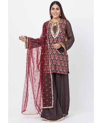 Coffee Brown Printed Sequenced Short Kurti with Palazzo and Sequenced Dupatta 1