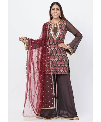 Coffee Brown Printed Sequenced Short Kurti with Palazzo and Sequenced Dupatta 2