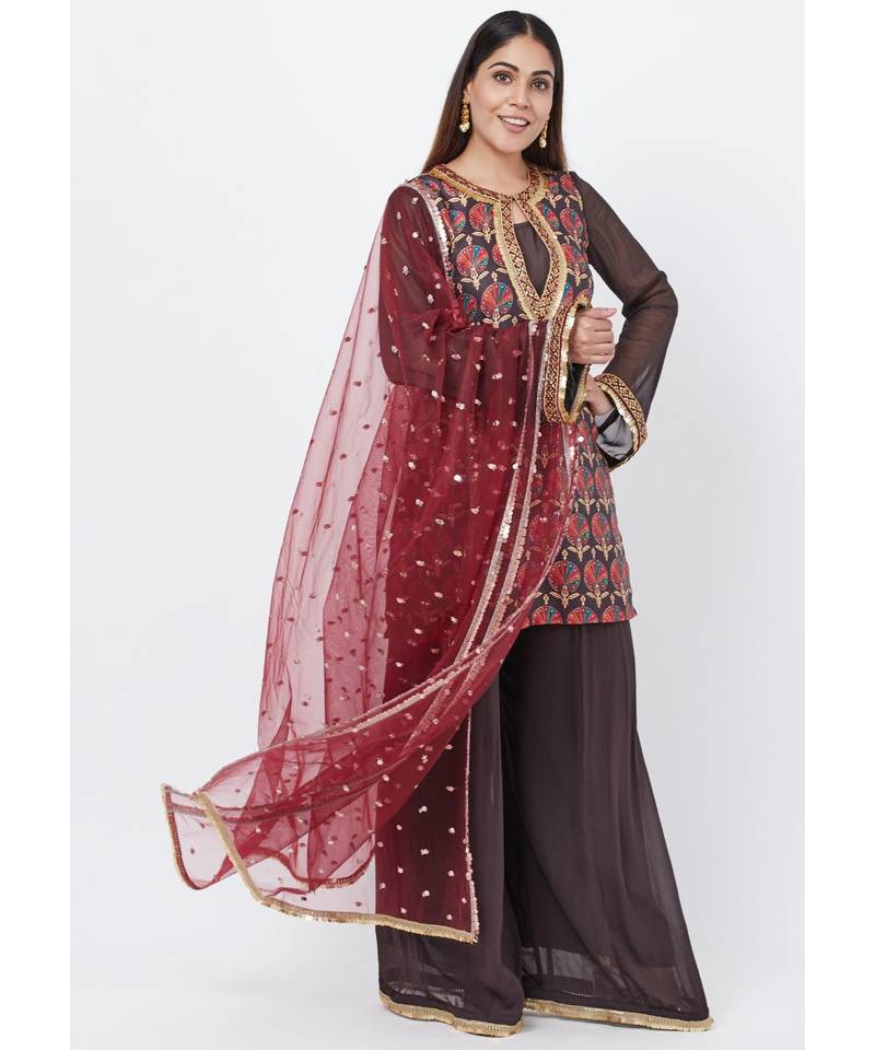 Coffee Brown Printed Sequenced Short Kurti with Palazzo and Sequenced Dupatta