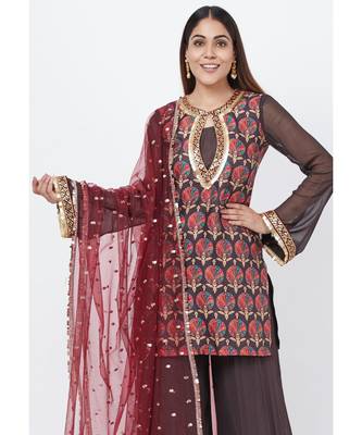 Coffee Brown Printed Sequenced Short Kurti with Palazzo and Sequenced Dupatta 4