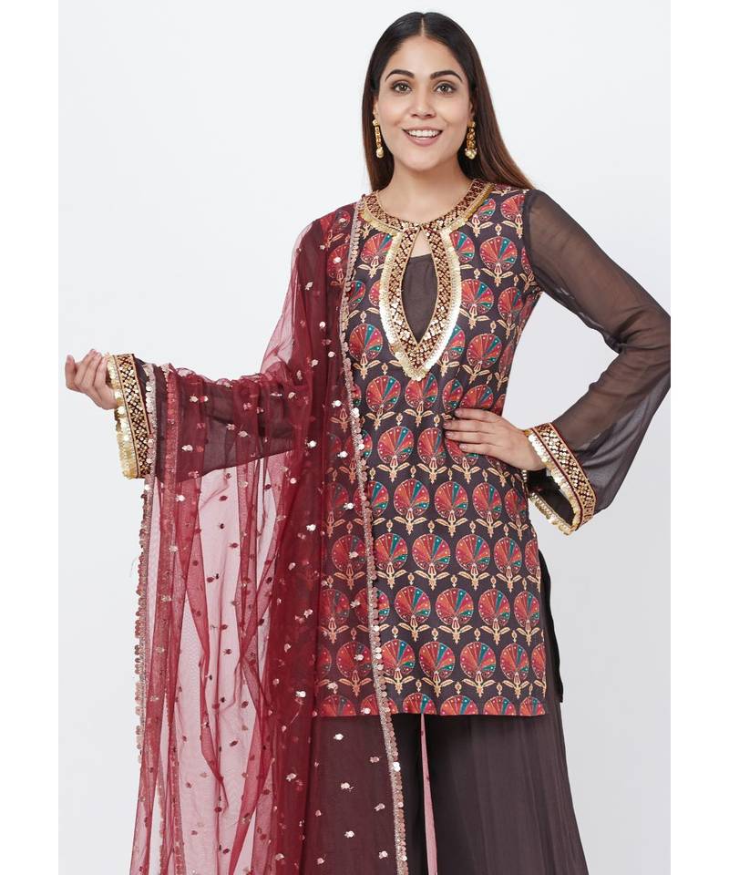 Coffee Brown Printed Sequenced Short Kurti with Palazzo and Sequenced Dupatta