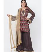 Coffee Brown Printed Sequenced Short Kurti with Palazzo and Mirror Dupatta
