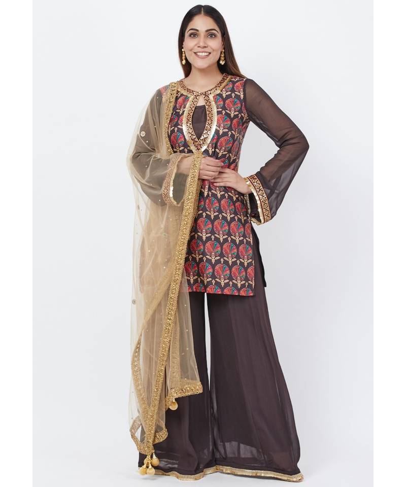 Coffee Brown Printed Sequenced Short Kurti with Palazzo and Mirror Dupatta