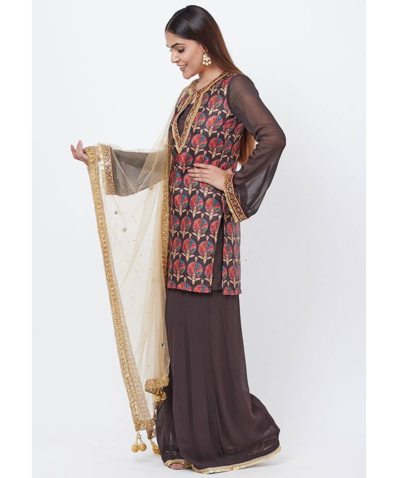 Coffee Brown Printed Sequenced Short Kurti with Palazzo and Mirror Dupatta