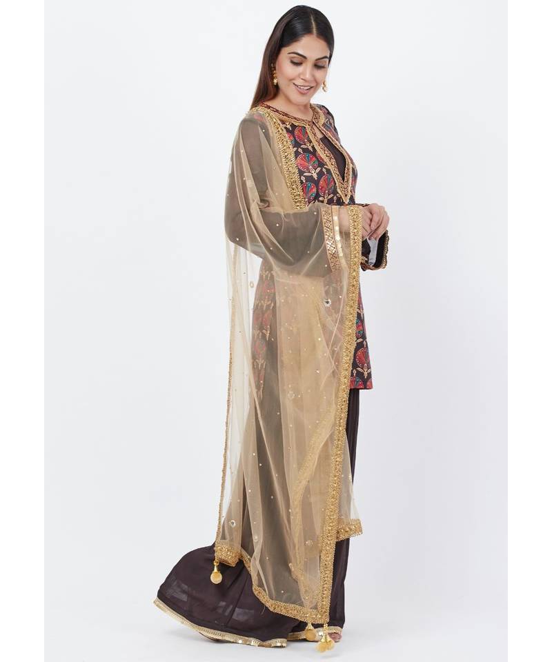 Coffee Brown Printed Sequenced Short Kurti with Palazzo and Mirror Dupatta