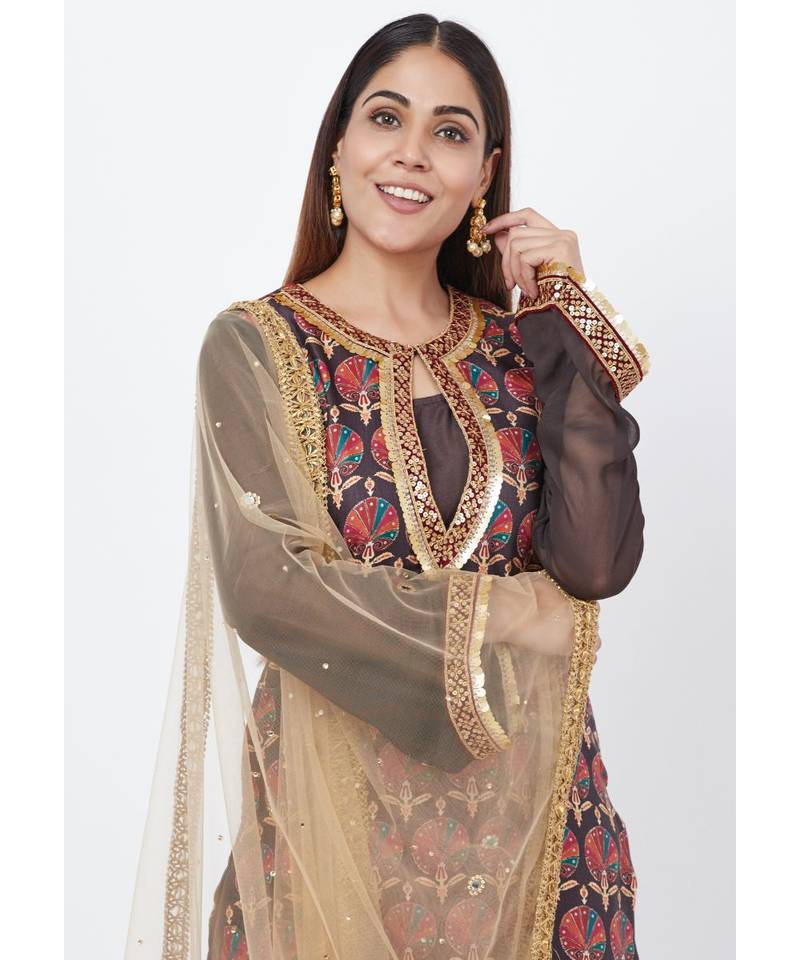 Coffee Brown Printed Sequenced Short Kurti with Palazzo and Mirror Dupatta