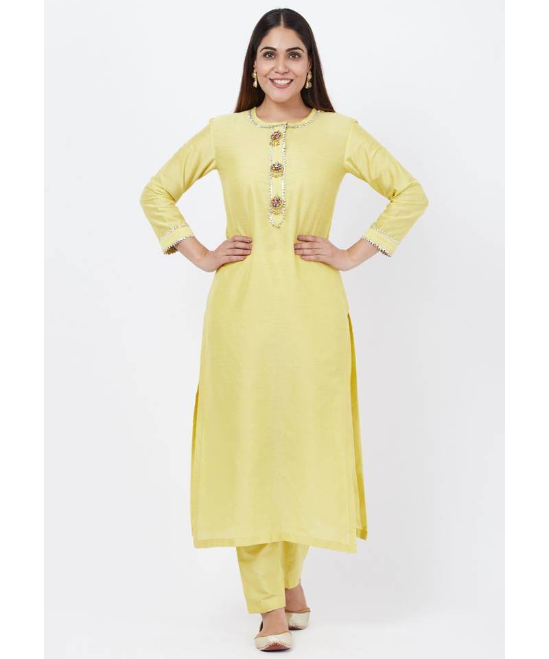 Lime yellow Gotta Straght Kurti with Straight Pants