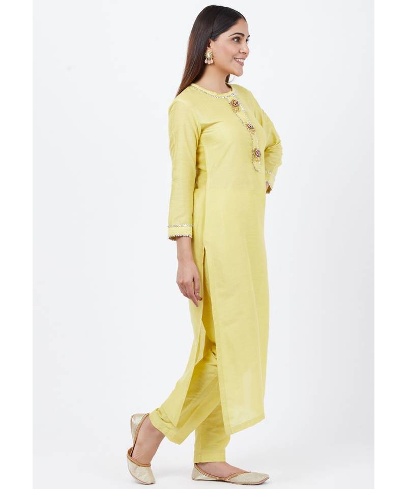 Lime yellow Gotta Straght Kurti with Straight Pants