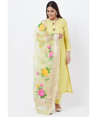 Lime yellow Gotta Straght Kurti with Straight Pants with Hand Painted Organza Dupatta 1