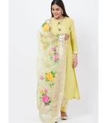 Lime yellow Gotta Straght Kurti with Straight Pants with Hand Painted Organza Dupatta
