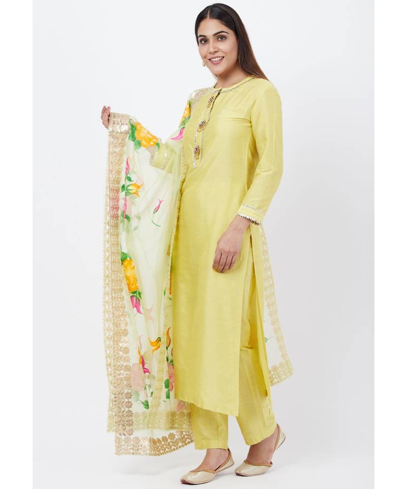 Lime yellow Gotta Straght Kurti with Straight Pants with Hand Painted Organza Dupatta