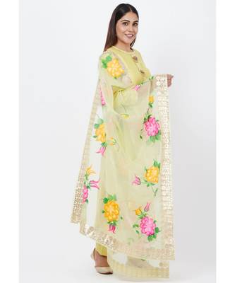 Lime yellow Gotta Straght Kurti with Straight Pants with Hand Painted Organza Dupatta 3