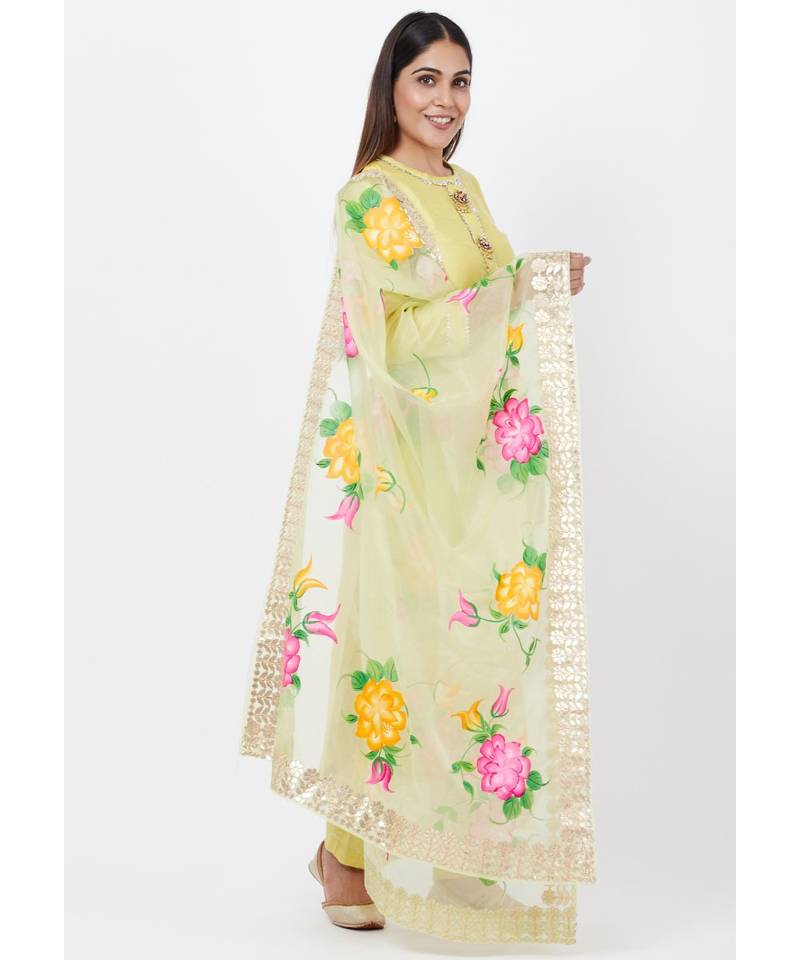 Lime yellow Gotta Straght Kurti with Straight Pants with Hand Painted Organza Dupatta