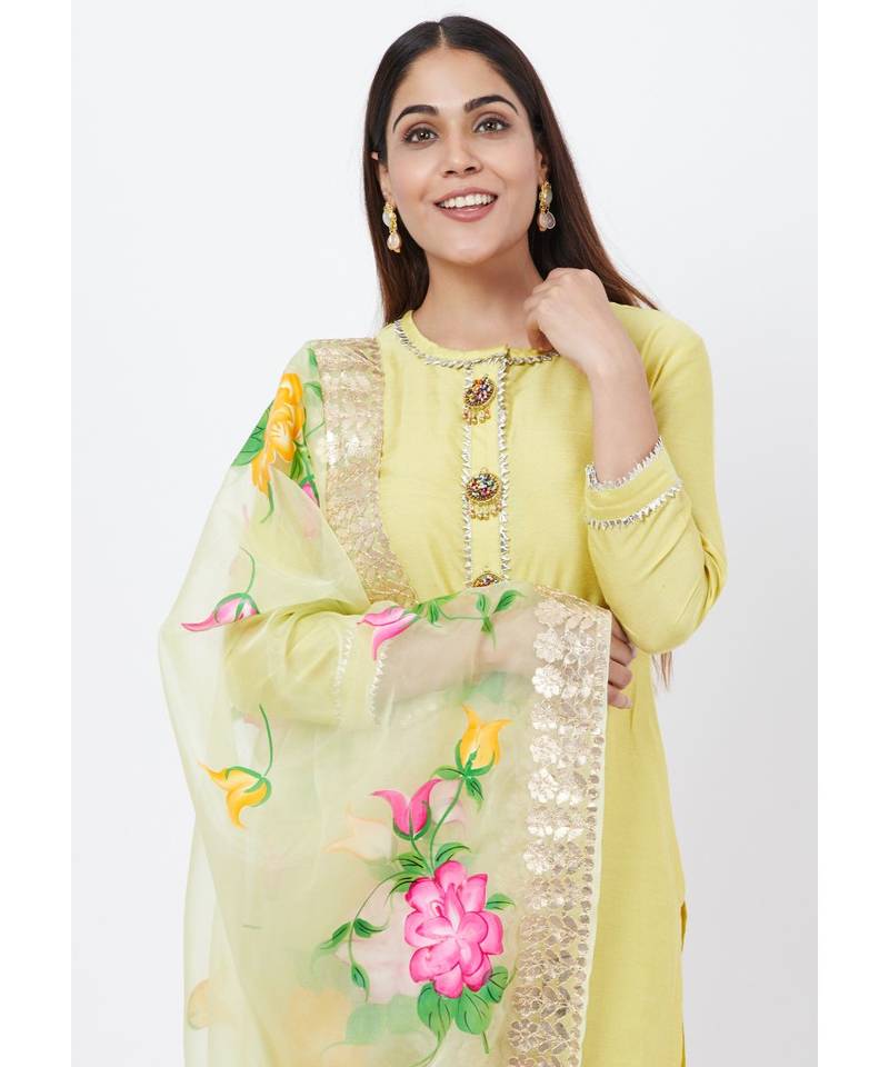 Lime yellow Gotta Straght Kurti with Straight Pants with Hand Painted Organza Dupatta