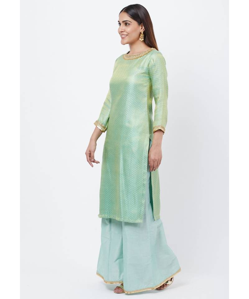 Mint Green Brocade Kurti with Kalidaar Palazzos