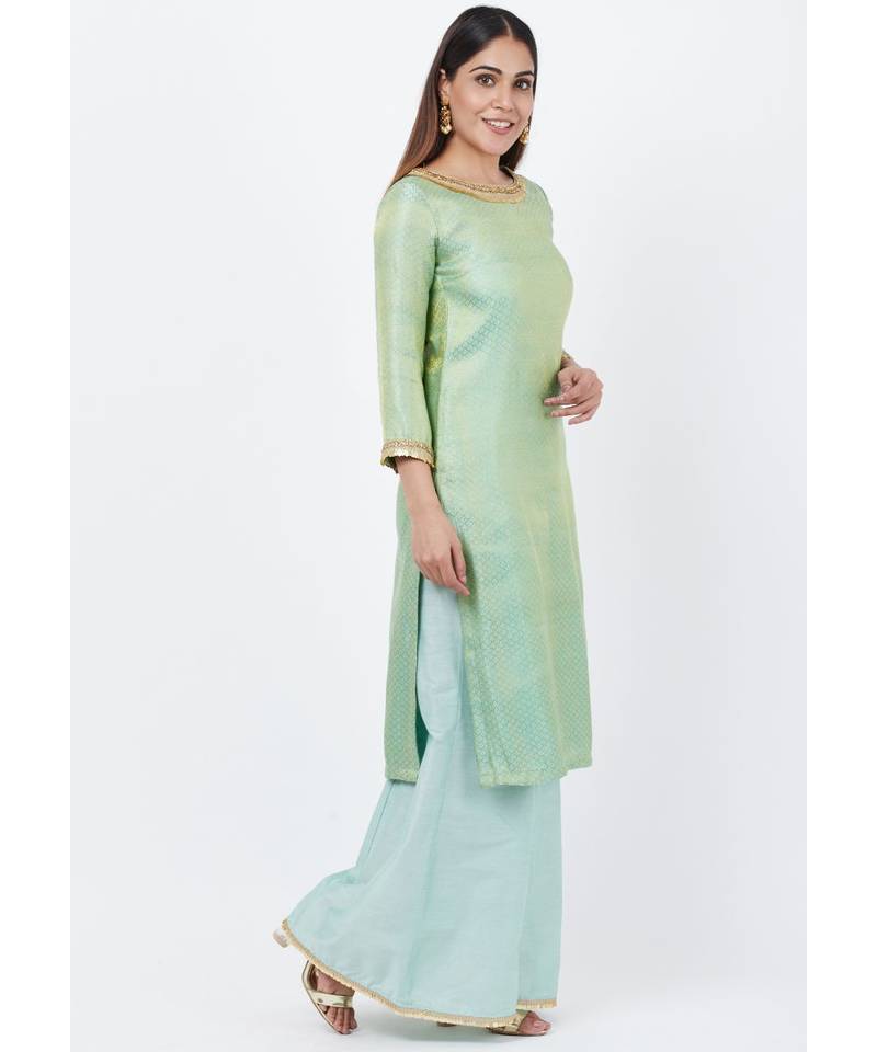 Mint Green Brocade Kurti with Kalidaar Palazzos