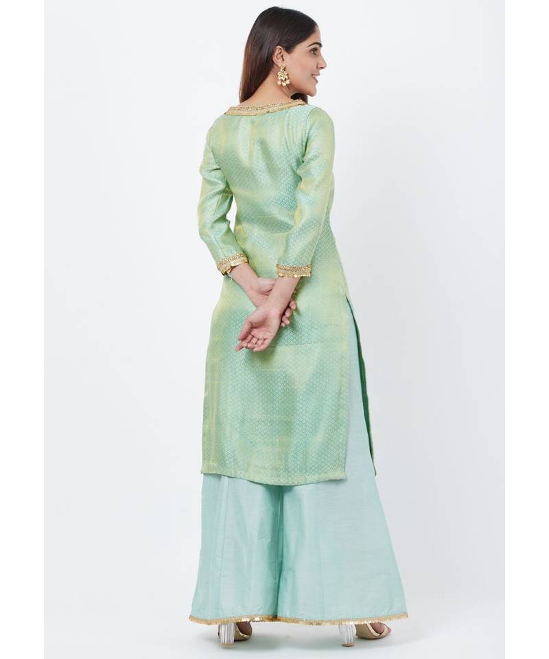 Mint Green Brocade Kurti with Kalidaar Palazzos
