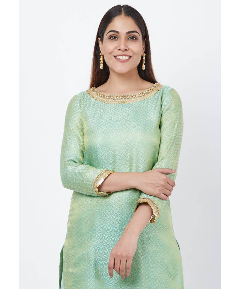 Mint Green Brocade Kurti with Kalidaar Palazzos