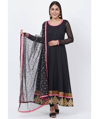 Black Georgette Embroidered Border Anarkali with churidaar and Sequenced Dupatta 1