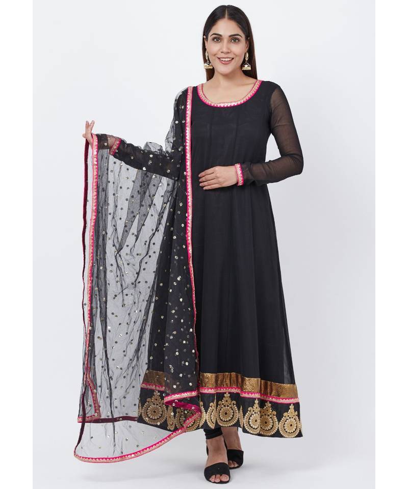 Black Georgette Embroidered Border Anarkali with churidaar and Sequenced Dupatta