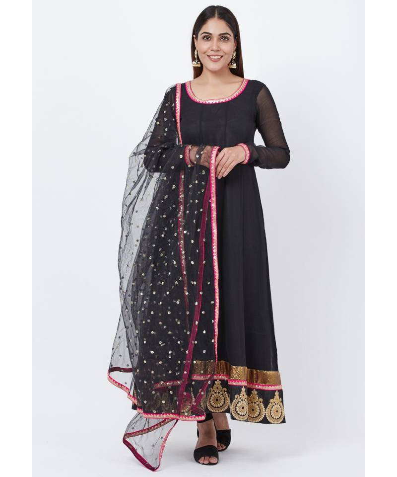 Black Georgette Embroidered Border Anarkali with churidaar and Sequenced Dupatta