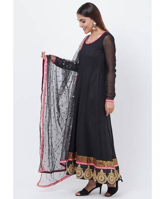 Black Georgette Embroidered Border Anarkali with churidaar and Sequenced Dupatta 3
