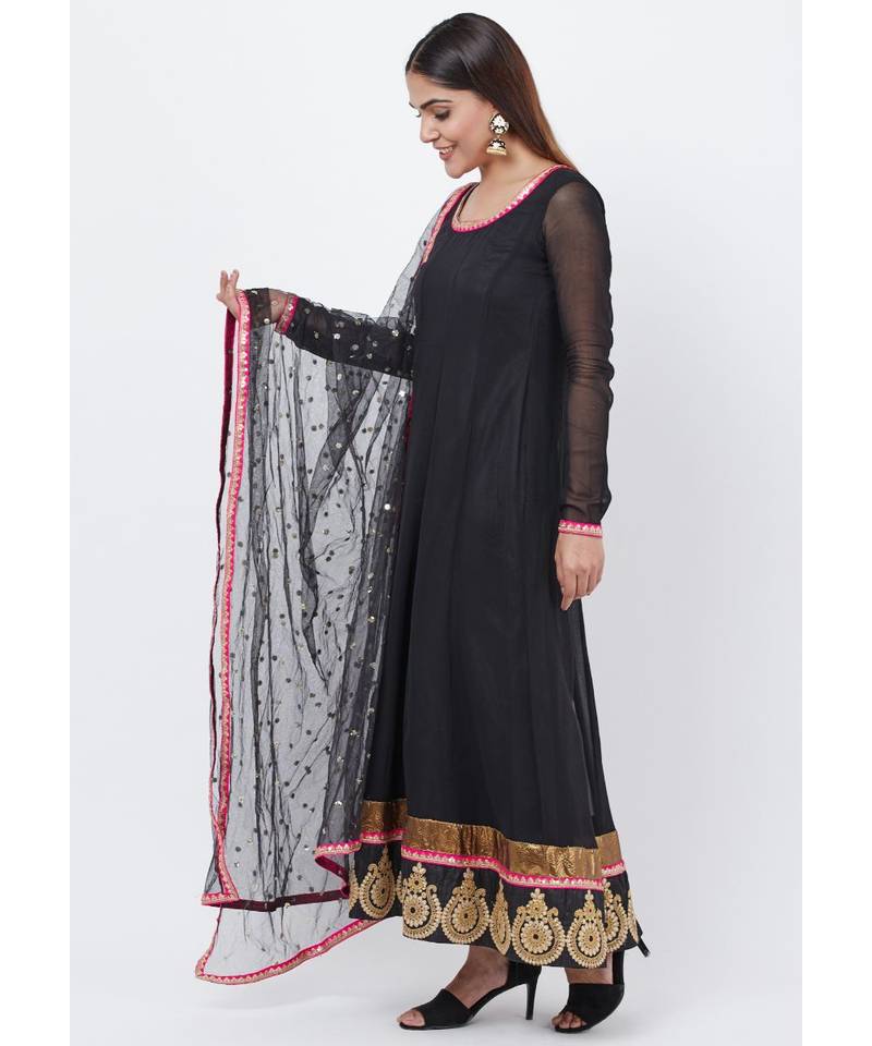 Black Georgette Embroidered Border Anarkali with churidaar and Sequenced Dupatta