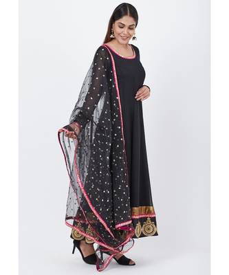 Black Georgette Embroidered Border Anarkali with churidaar and Sequenced Dupatta 4