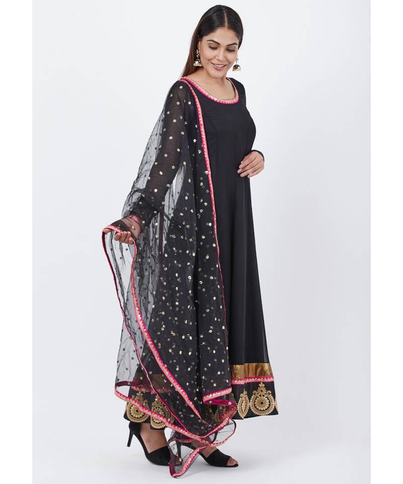 Black Georgette Embroidered Border Anarkali with churidaar and Sequenced Dupatta