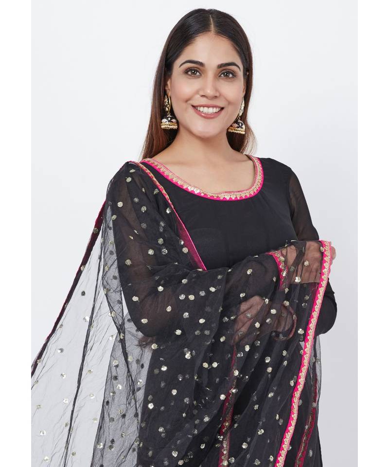 Black Georgette Embroidered Border Anarkali with churidaar and Sequenced Dupatta