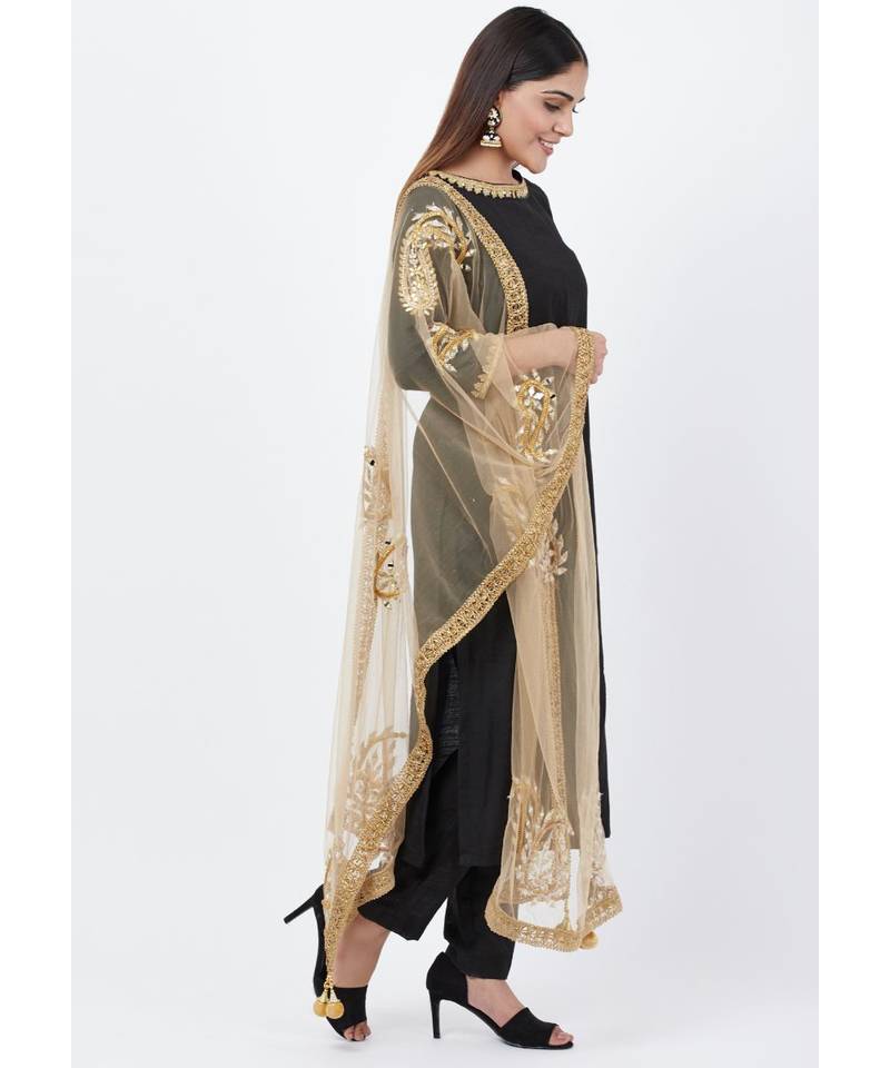Black Gotta Paisley Embroidered Kurti with Straight Pants and Paisley Dupatta