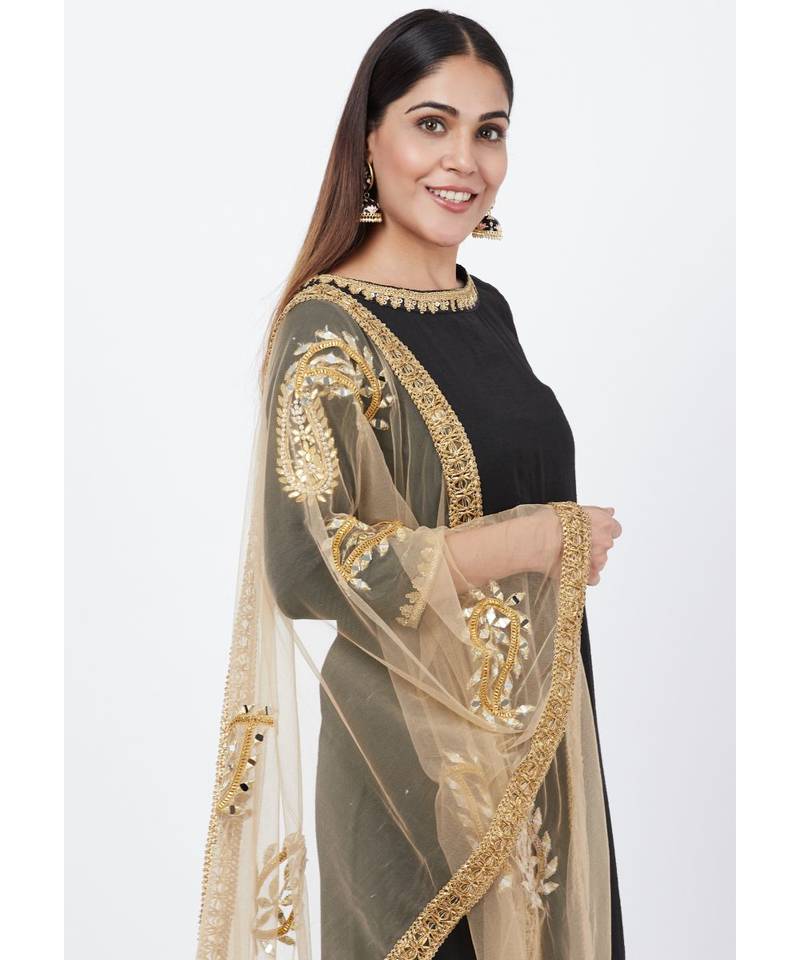 Black Gotta Paisley Embroidered Kurti with Straight Pants and Paisley Dupatta