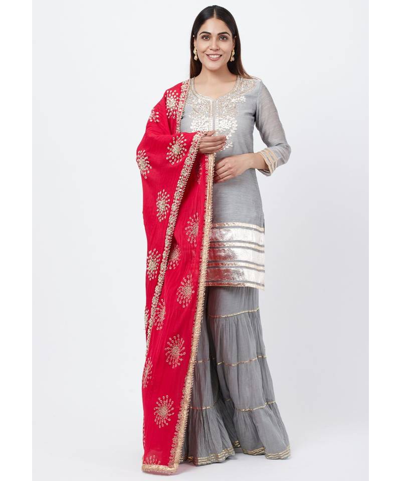 Dreamy Gray Gotta Patti Kurti with Sharara and Floral Gotta Patti Dupatta