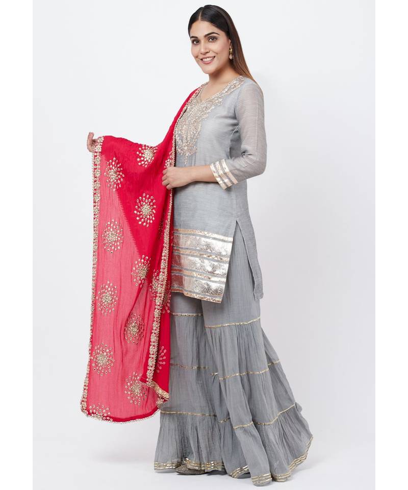 Dreamy Gray Gotta Patti Kurti with Sharara and Floral Gotta Patti Dupatta