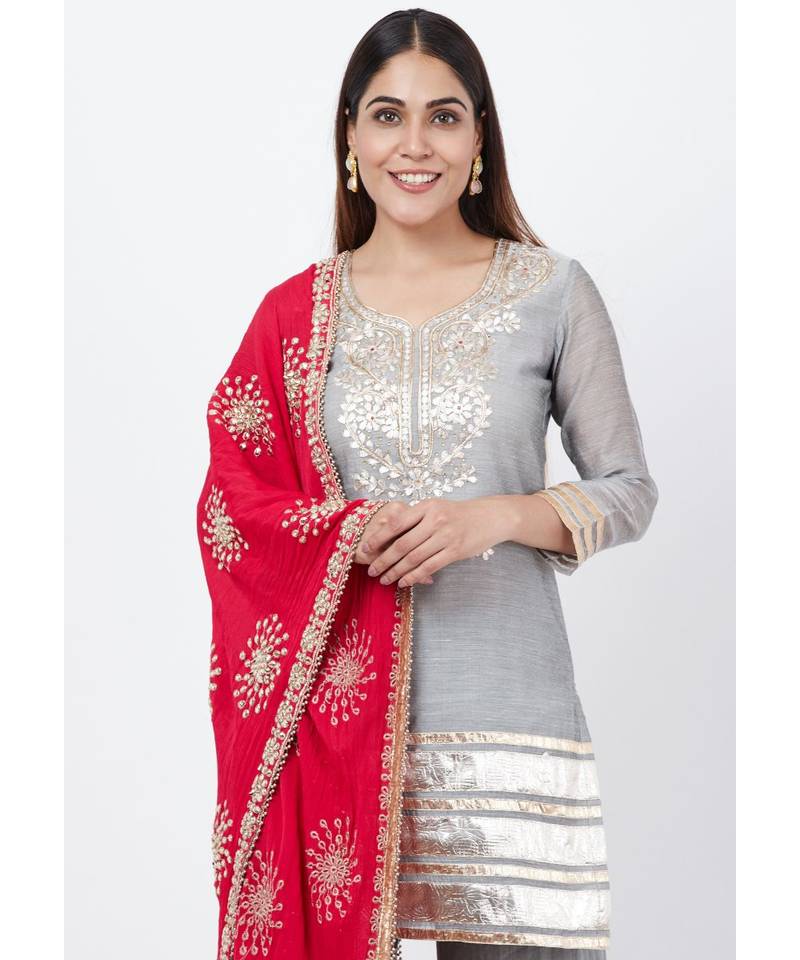 Dreamy Gray Gotta Patti Kurti with Sharara and Floral Gotta Patti Dupatta