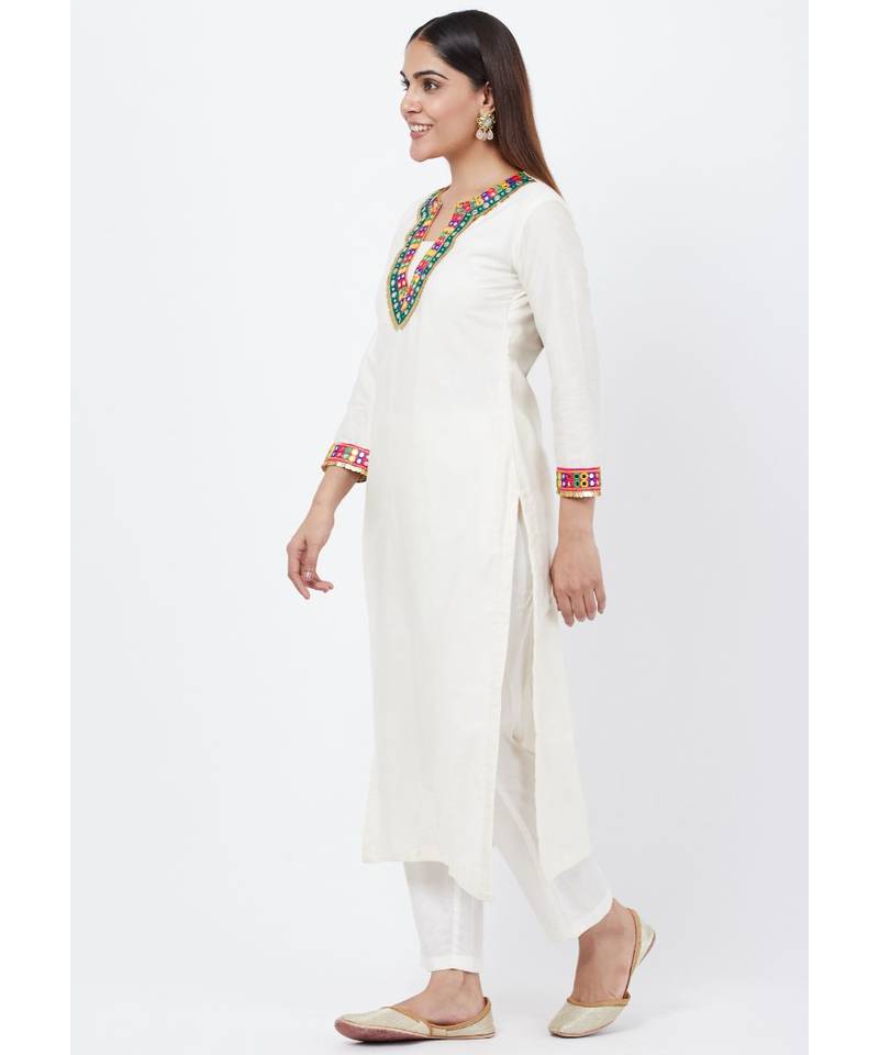 Off-White Freedom Multi Color Mirror Kurti with Straight Pants