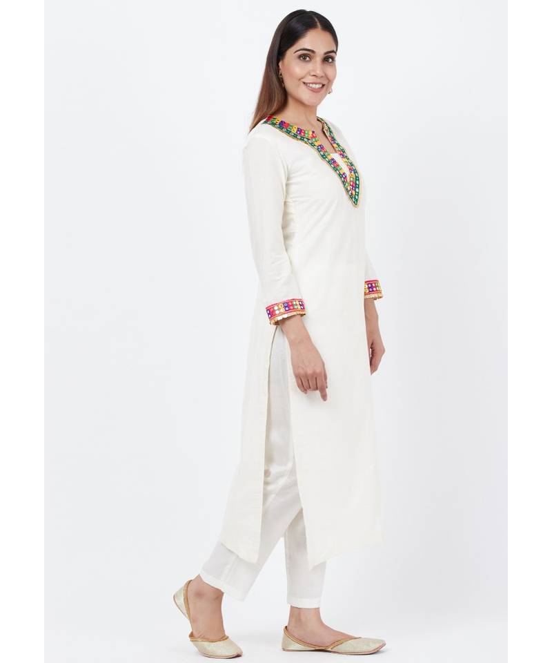 Off-White Freedom Multi Color Mirror Kurti with Straight Pants