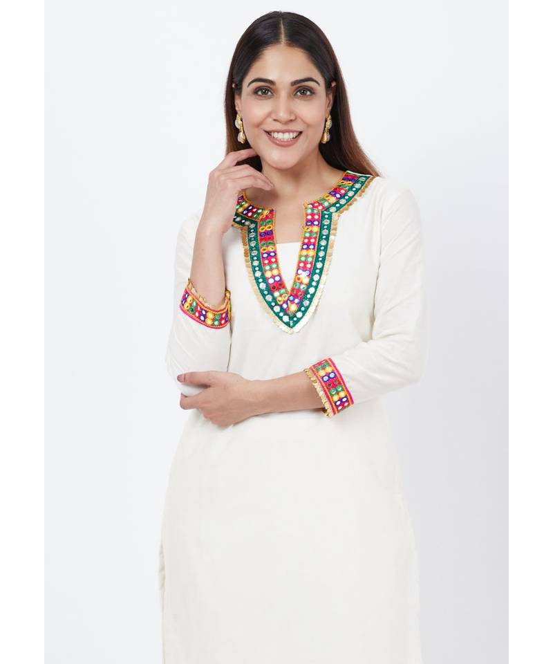 Off-White Freedom Multi Color Mirror Kurti with Straight Pants