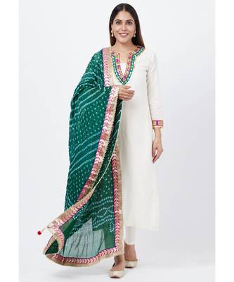 Off-White Freedom Multi Color Mirror Kurti with Straight Pants and Bandhej Dupatta 1