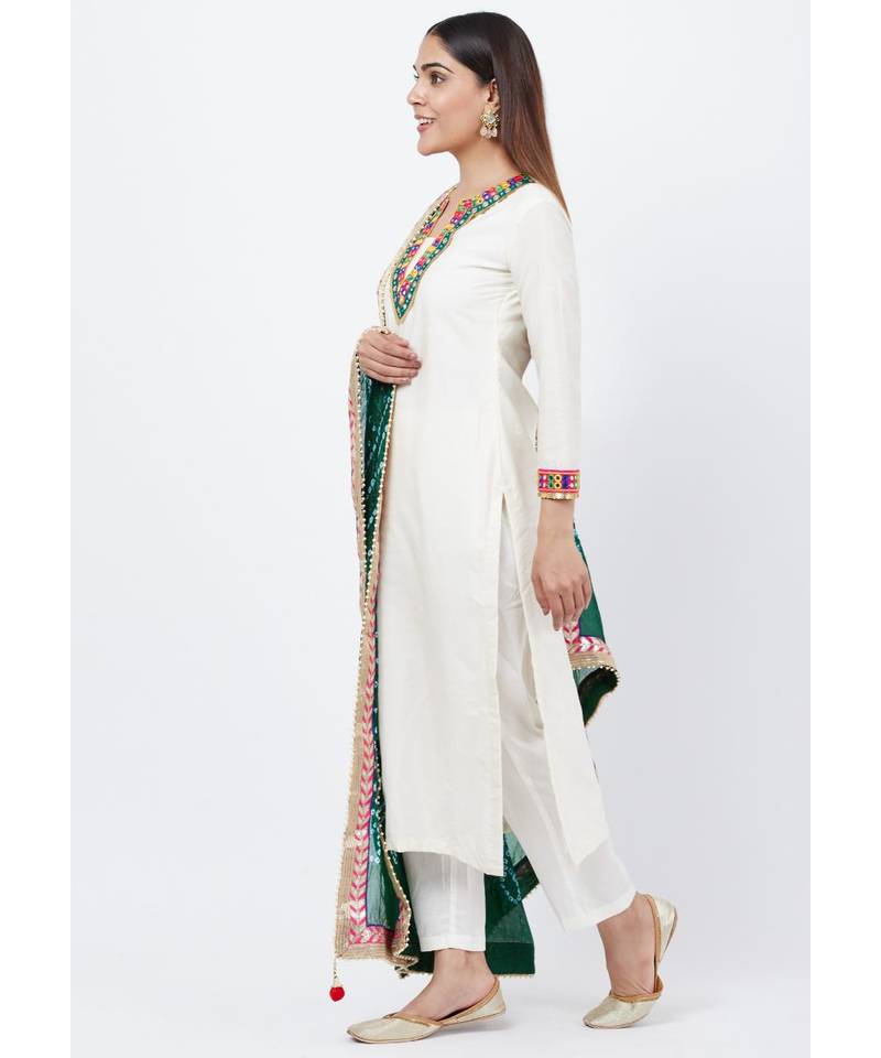 Off-White Freedom Multi Color Mirror Kurti with Straight Pants and Bandhej Dupatta