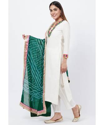 Off-White Freedom Multi Color Mirror Kurti with Straight Pants and Bandhej Dupatta 3