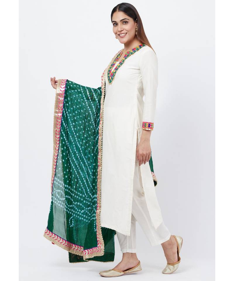 Off-White Freedom Multi Color Mirror Kurti with Straight Pants and Bandhej Dupatta