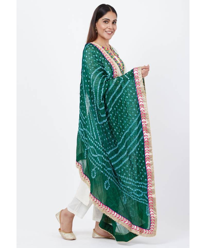 Off-White Freedom Multi Color Mirror Kurti with Straight Pants and Bandhej Dupatta
