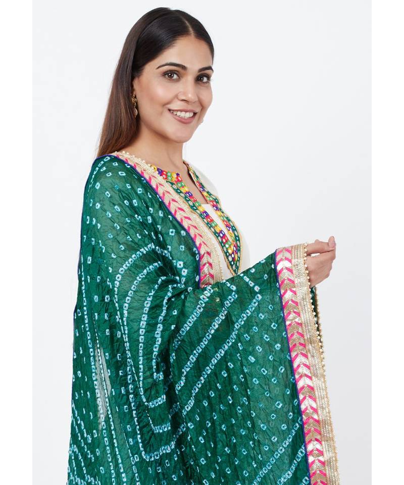 Off-White Freedom Multi Color Mirror Kurti with Straight Pants and Bandhej Dupatta