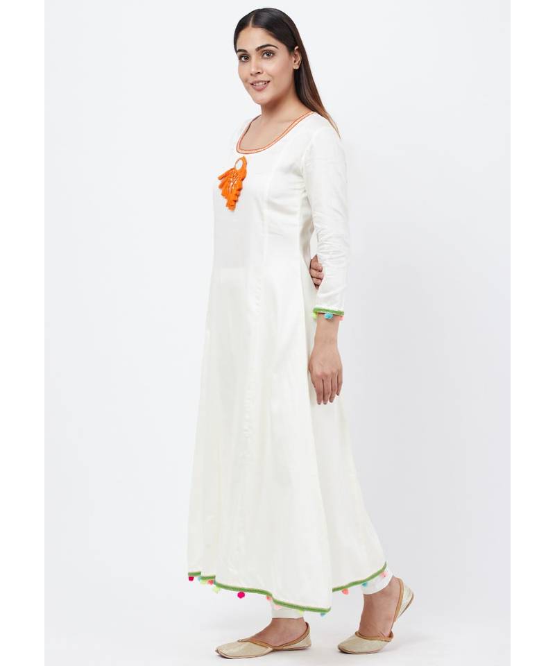 Off-White Freedom Anarkali with Pom Pom with churidaar