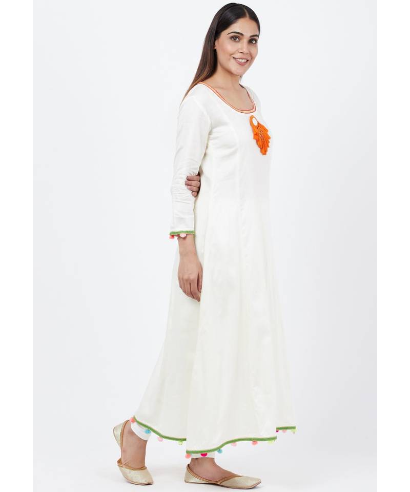 Off-White Freedom Anarkali with Pom Pom with churidaar