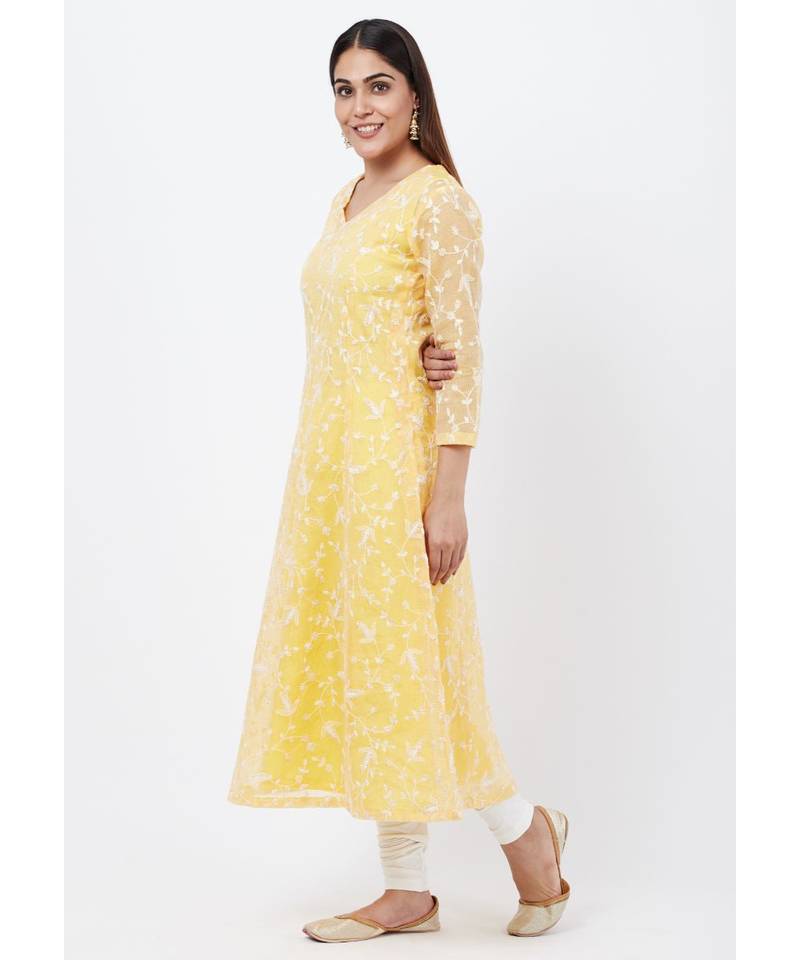 Breezy Lemon Chikankari Embroidered Anarkali with churidaar