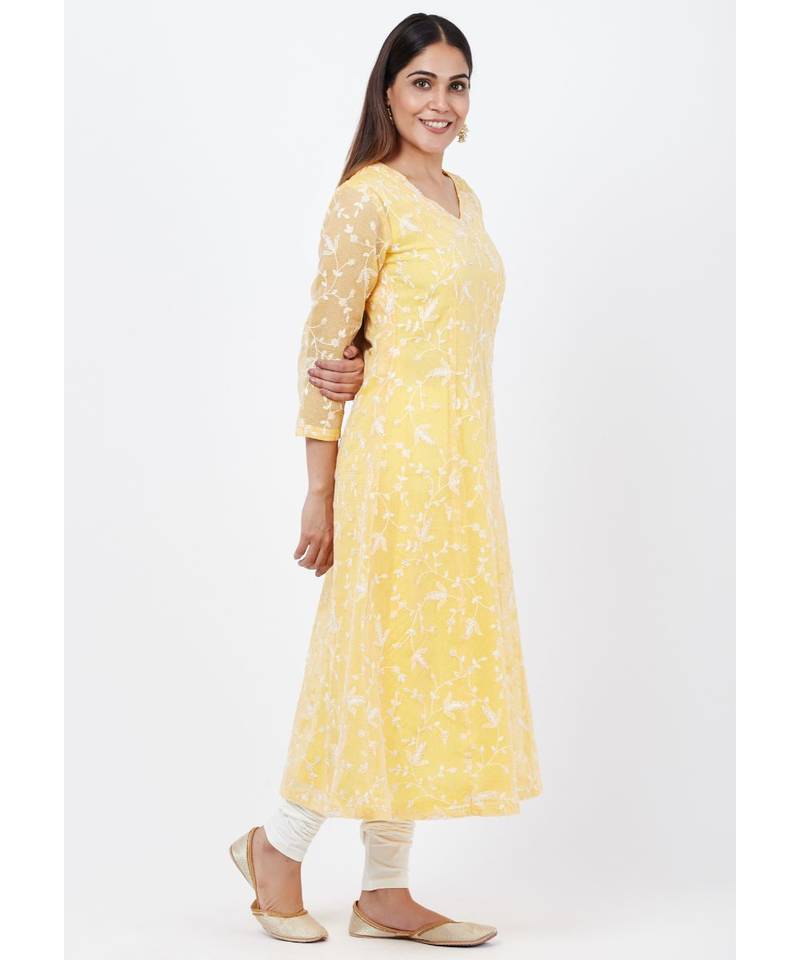 Breezy Lemon Chikankari Embroidered Anarkali with churidaar