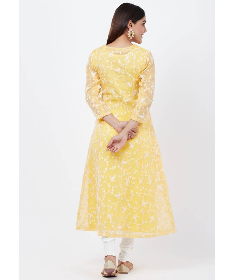 Breezy Lemon Chikankari Embroidered Anarkali with churidaar