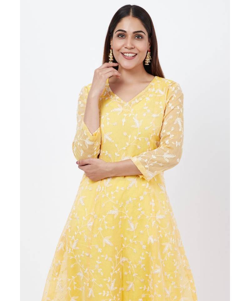Breezy Lemon Chikankari Embroidered Anarkali with churidaar